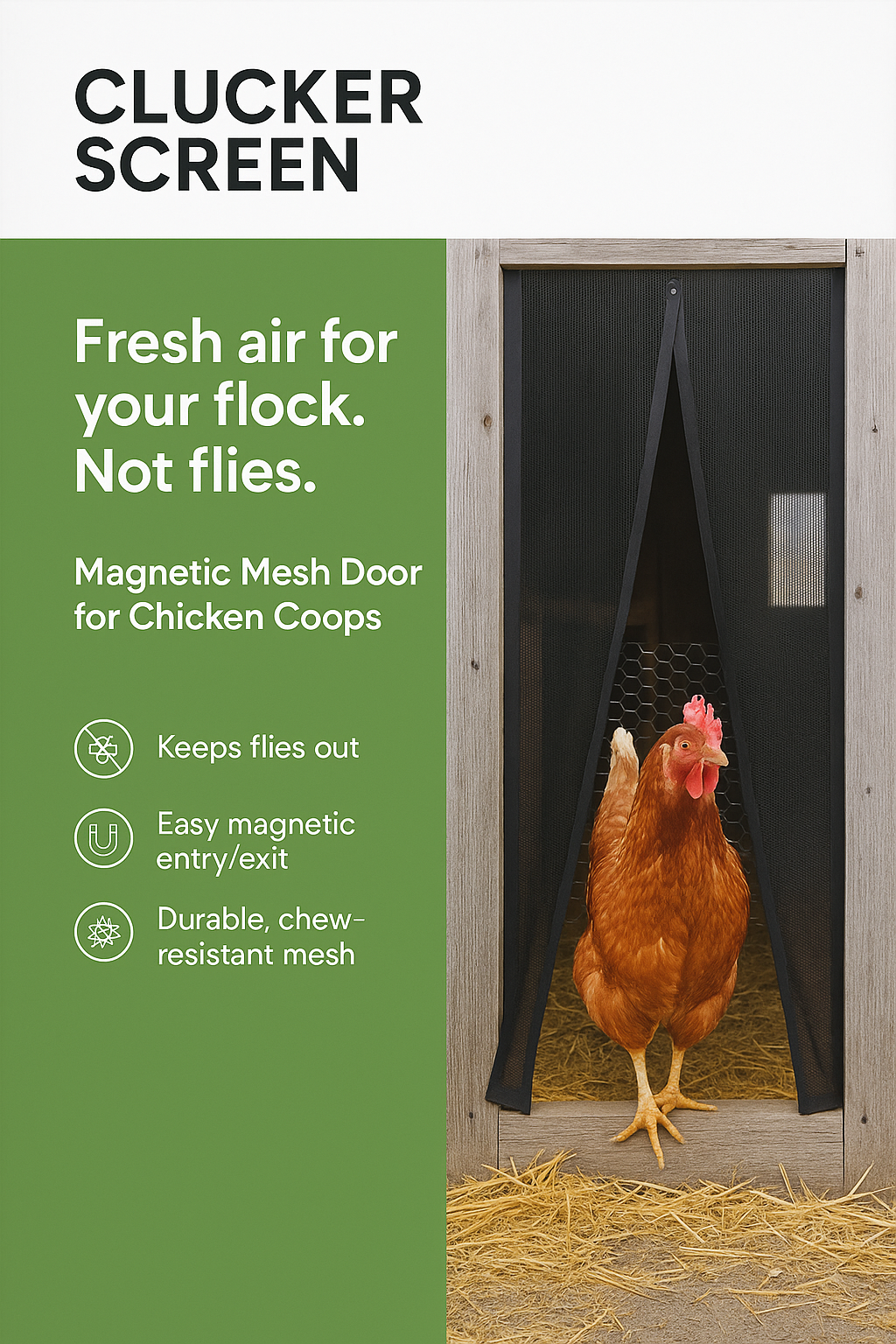 Clucker Screen magnetic mesh door installed on a chicken coop